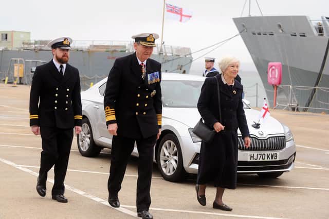 Pictured is: (middle and right) Admiral Sir Ian Forbes Royal Navy KCB CBE and Lady Sally Forbes, HMS Enterprise ship's sponsor.

Picture: Sarah Standing (300323-6342)
