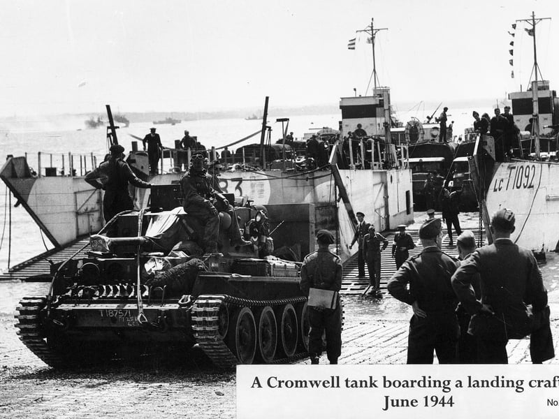 A British Cromwell tank loading on an LCT, probably at Stokes Bay, Gosport.