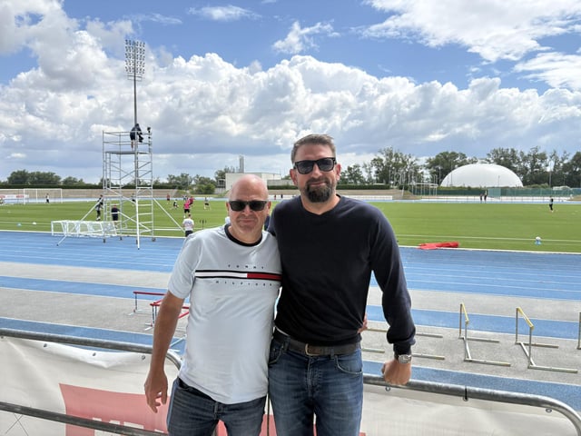 Glyn Tookey, aged 56 from Avignon, France, and Johann Gangel, aged 39 from Vienna, Austria, at Pompey's open training session at the X-Bionic Sphere Sports Centre in Šamorín, Slovakia.