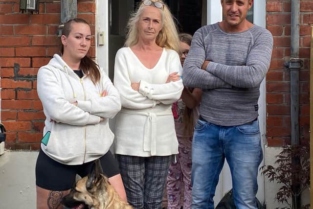 Pictured left to right: Skye Hall with mum Terri Hall, 57, and friend Andy Stringer outside Skye's home in Cambridge Road, Gosport.