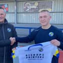 New signing Jake Andrews, right, with boss Paul Doswell. Picture: Havant & Waterlooville FC