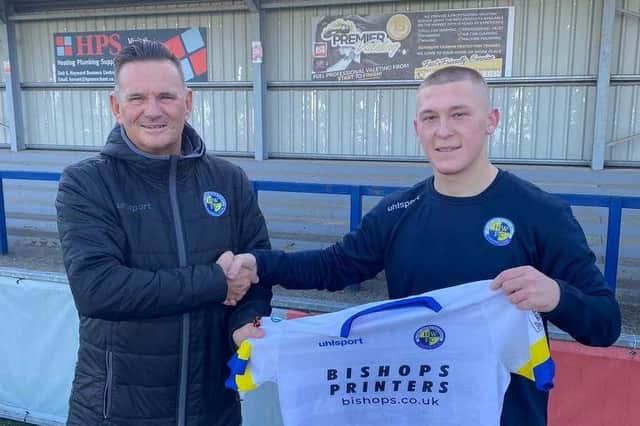 New signing Jake Andrews, right, with boss Paul Doswell. Picture: Havant & Waterlooville FC