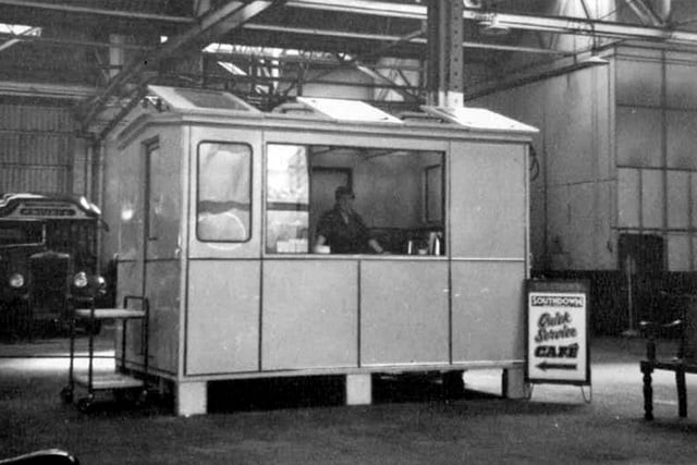 Southdown hut The short-lived Quick Service Cafe inside the Southdown depot at Hilsea, in the 1950's
