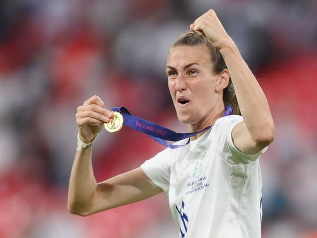 Jill Scott celebrates after England's UEFA Women's Euro 2022 final victory over Germany