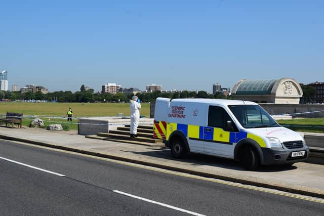 Police at Southsea Common on July 20 after a 15-year-old boy was stabbed near Portsmouth Naval Memorial on July 19. Picture: Stuart Vaizey