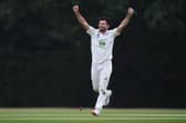 Ian Holland celebrates after dismissing Gus Atkinson of Surrey to claim his sixth wicket during the second day of the Bob Willis Trophy match between Hampshire and Surrey at Arunde. Photo by Mike Hewitt/Getty Images.
