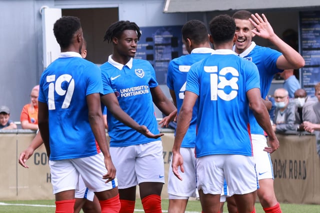 Gassan Ahadme celebrates his hat-trick for Pompey in their friendly win at the Hawks. Picture: Paul Collins