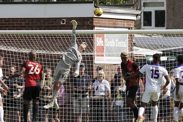 Toby Steward pulls off an excellent save in the second half of Pompey's 1-0 defeat at Gosport on Sunday. Picture: Jason Brown/ProSportsImages