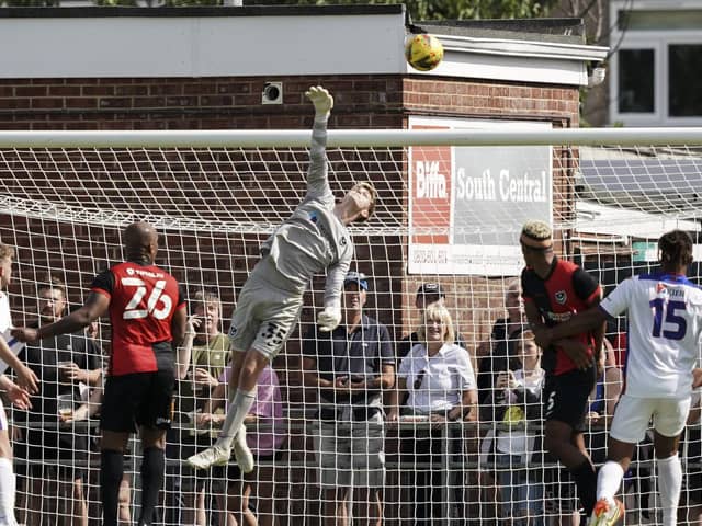 Toby Steward pulls off an excellent save in the second half of Pompey's 1-0 defeat at Gosport on Sunday. Picture: Jason Brown/ProSportsImages