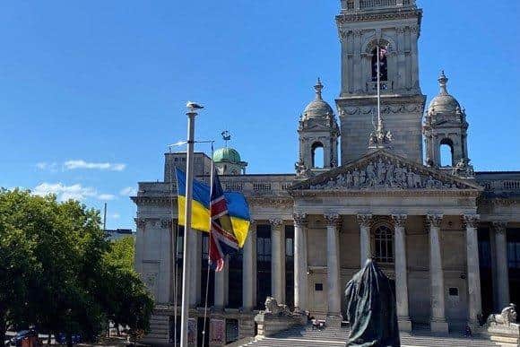The Ukraine flag at Guildhall Square.