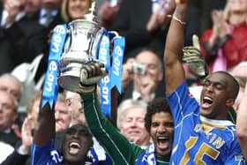 David James, centre, with Sol Campbell and Sylvain Distin winning the FA Cup. The former England keeper has big hopes for Pompey this season,
