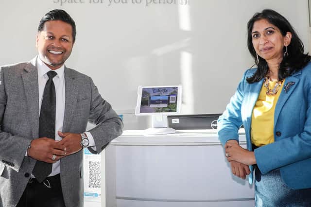 Suella Braverman MP visited MediaBase Direct at its offices in the Arena Business Centre in Lancaster Court, Segensworth, Fareham, Hampshire. She is pictured with MediaBase Direct director Anil Jain.