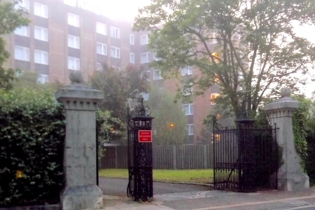 Former gate to Victoria Barracks, Pembroke Road/Victoria Avenue junction. The gate is still in situ today, with the Holiday Inn replacing the former clock tower building of the barracks. The housing  that replaced the barracks is known as Pembrook Park.