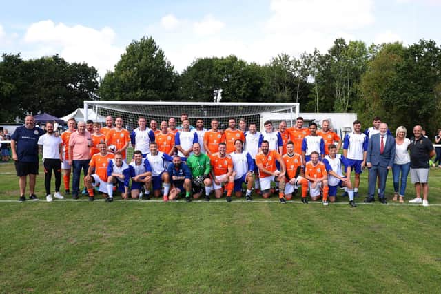 Friends Fighting Cancer are putting on a charity football event against the celebs from Hollyoaks who will be having their match at Fleetlands FC. They are raising money for cancer.
Pictured is group shot of both teams.