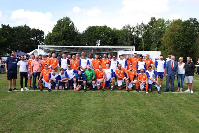 Friends Fighting Cancer are putting on a charity football event against the celebs from Hollyoaks who will be having their match at Fleetlands FC. They are raising money for cancer.
Pictured is group shot of both teams.
