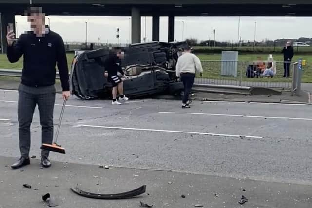 The scene of destruction on the Farlington Roundabout following a major pile-up earlier today