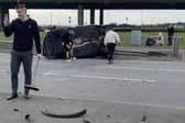 The scene of destruction on the Farlington Roundabout following a major pile-up earlier today