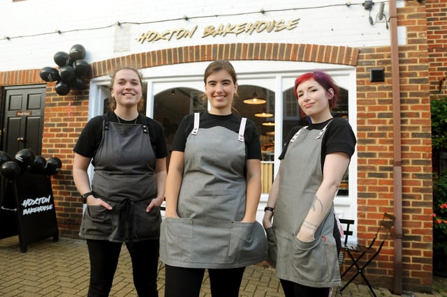 Hoxton Bakehouse officially opened in Brook Street, Bishop's Waltham on Thursday, October 22 2020.
Pictured is: (l-r) Kate Bartlett, area manager for Hoxton Bakehouse, Kate Lister, barista, and Viktoria Nagy, store manager.
Picture: Sarah Standing (221020-6187)