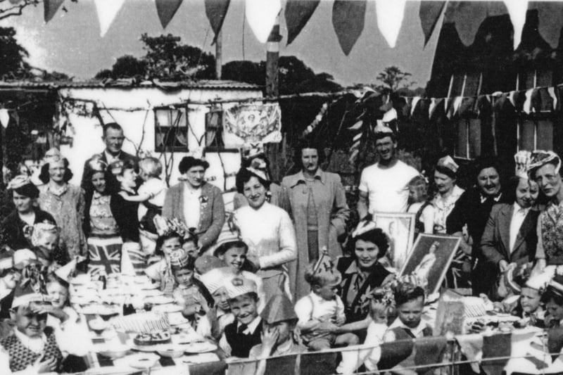 Families celebrate the Coronation of Queen Elizabeth II in 1953 at Bedhampton Camp formerly HMS Daedalus III, Bedhampton.