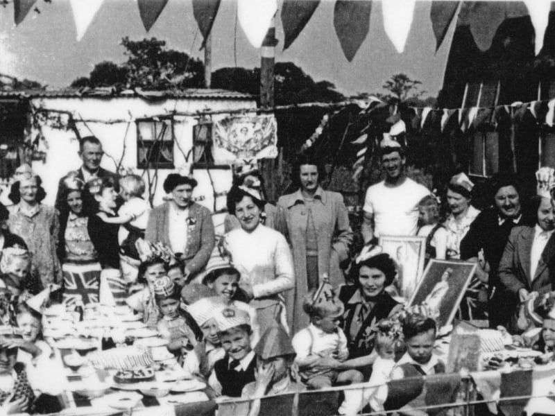 Families celebrate the Coronation of Queen Elizabeth II in 1953 at Bedhampton Camp formerly HMS Daedalus III, Bedhampton.