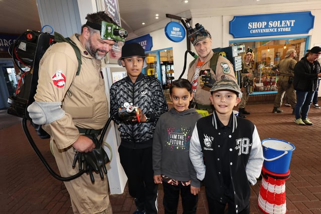 Ghostbusters in Port Solent, Portsmouth, raising money for Cancer Research.

Pictured are kids, Isaac Rahman, 15th bday today, Dylan Rahman, 10 and Ethan Rahman, 10.

Saturday 28th October 2023.

Picture: Sam Stephenson.