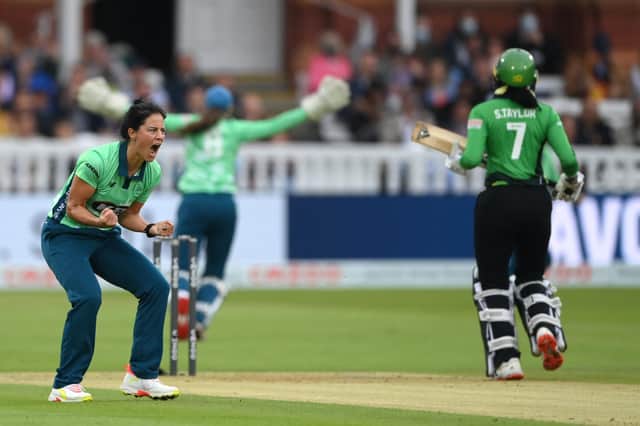 Oval bowler Marizanne Kapp celebrates after taking the wicket of Brave batter Sophia Dunkley during The Hundred Final. Photo by Stu Forster/Getty Images.