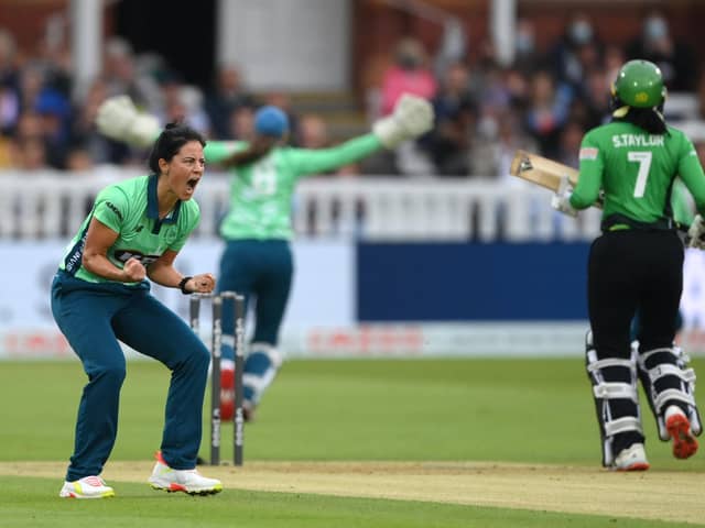Oval bowler Marizanne Kapp celebrates after taking the wicket of Brave batter Sophia Dunkley during The Hundred Final. Photo by Stu Forster/Getty Images.