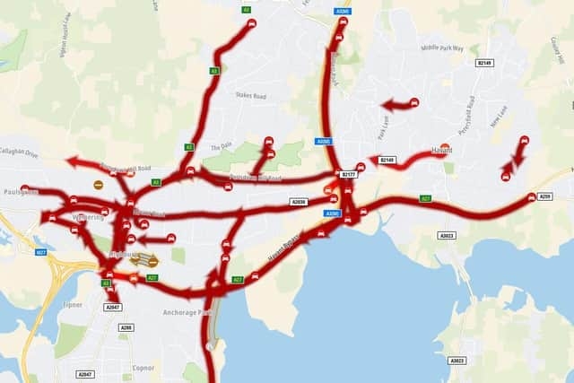 Severe delays southbound on A3 & A3M due to the closure of Eastern Road. The delays are in Cosham, Hilsea, Farlington, Waterlooville, Widley and elsewhere. Picture: Hampshire County Council Traffic & Travel.