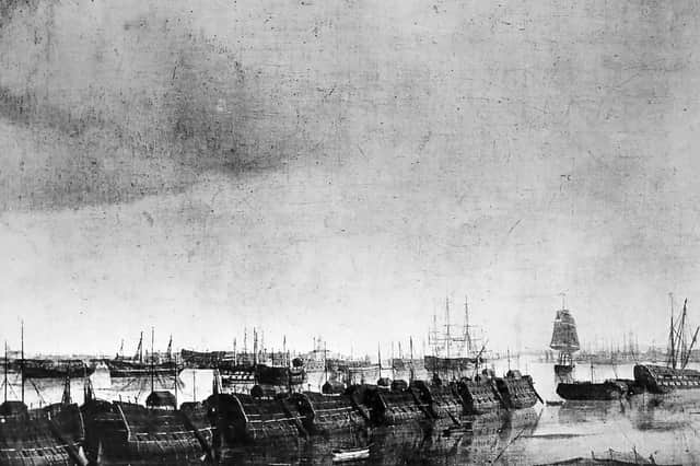 Prison hulks in Portsmouth Harbour - 1806. From the original painting by Hoppey Turner. Picture: Hulton Archive/Getty Images
