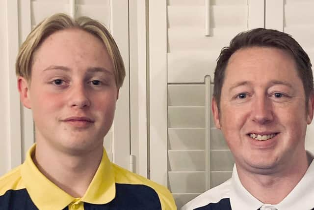 Josh Hughes, left, with dad Anthony, in their Moneyfields shirts