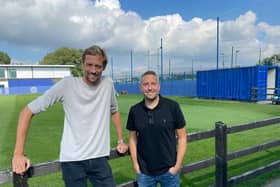 Former Fratton favourite Peter Crouch and Blues fan and documentary director/producer Adam Darke were at Pompey's training ground this afternoon