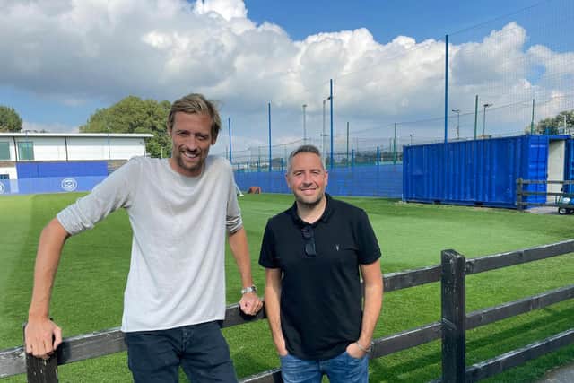 Former Fratton favourite Peter Crouch and Blues fan and documentary director/producer Adam Darke were at Pompey's training ground this afternoon