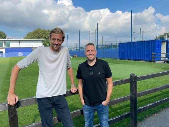 Former Fratton favourite Peter Crouch and Blues fan and documentary director/producer Adam Darke were at Pompey's training ground this afternoon