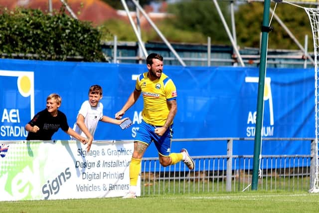 Dan Wooden has just levelled for Gosport with a header. Picture by Tom Phillips