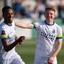Manny Duku, left, with Tommy Wright after putting Hawks 2-1 up against Billericay. Picture: Alex Shute