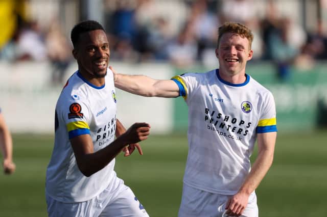 Manny Duku, left, with Tommy Wright after putting Hawks 2-1 up against Billericay. Picture: Alex Shute