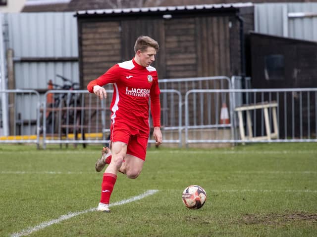 Zak Willett about to score one of his hat-trick goals for Horndean against US Portsmouth. Picture by Alex Shute