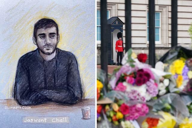 L: Court artist sketch by Elizabeth Cook of Jaswant Singh Chail, from Southampton, appearing via video link at Westminster Magistrates' Court, in London, picture date Wednesday August 17, 2022. R: A guard on duty as Buckingham Palace. Picture: Elizabeth Cook/Dominic Lipinski/PA