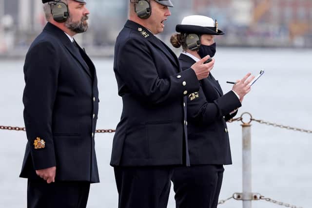 Sailors in Portsmouth performing the 41-gun salute on Saturday to mark the death of Prince Philip. Photo: Royal Navy