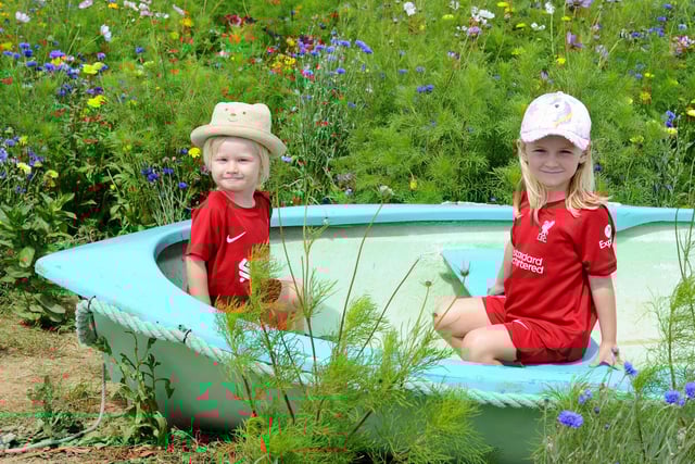 Sam's Sunflowers in Hayling Island, on Sunday, August 4, 2024.

Pictured is: Leo (2) and Ella Richards (6) from Hayling Island.

Picture: Sarah Standing (040824-3936)