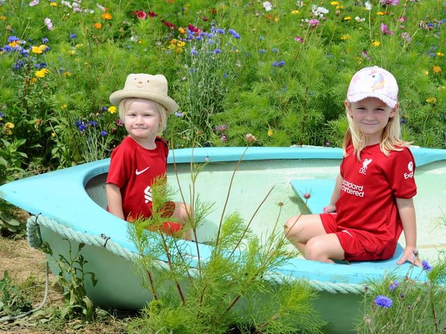 Sam's Sunflowers in Hayling Island, on Sunday, August 4, 2024.Pictured is: Leo (2) and Ella Richards (6) from Hayling Island.Picture: Sarah Standing (040824-3936)