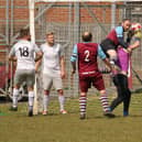 The Watersedge keeper comes under pressure during his side's Division 3 double header with Cross Keys Athletic Reserves. Picture: Kevin Shipp