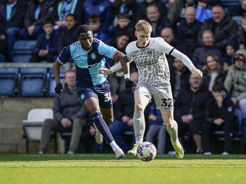 Pompey winger Paddy Lane tussles with Wycombe's Beryly Lubala in the first half of their Adams Park encounter. Picture: Jason Brown/ProSportsImages