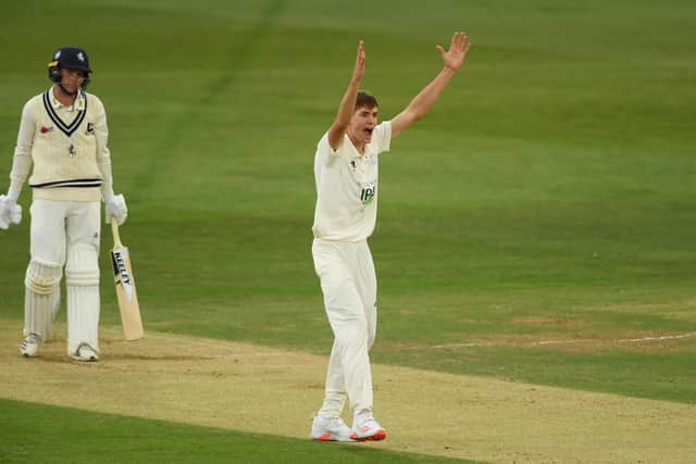 Scott Currie of Hampshire appeals unsuccessfully for the wicket of Matt Milnes. Photo by Alex Davidson/Getty Images.