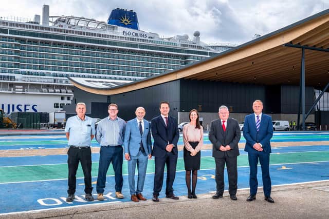 FIRST SIGHT: Brymor Construction directors with Horizon cruise terminal project managers. From left: From left to right: Contracts Manager Andy Mathews, Managing Surveyor Peter Swift, Chairman Stephen Morton, Group Managing Director Mark Dyer, Group HR Director Carmen Morton, Group Commercial Director Paul Downing and Group Pre-Construction Director Lewis Archibald.