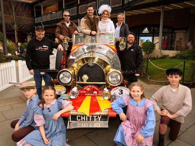 Pictured is: Caractacus Potts with Truly Scrumptious, and Nick and Carolyn Pointing and the children who will play Jemima and Jeremy Potts as as the Director and Kings Theatre ownerPicture: Keith Woodland (180321-41)