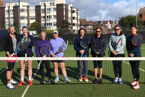 CourtX ladies v Chichester (from left) Amanda Freeman, Amy Wright, Fi Goode, Lynn Candlish, Michelle Spirit, Iliana Melendez, Catherine Hutchins, Heidi Johnson