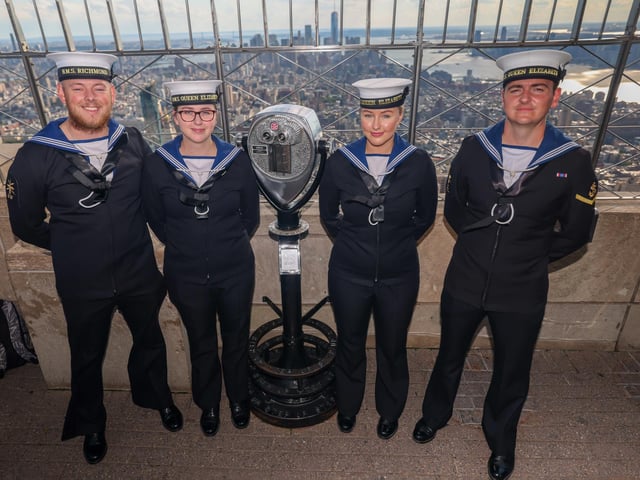 In September 2022, HMS Queen Elizabeth's and HMS Richmond's Ship's Company walked through New York visiting a few iconic areas during their ships' visits there  to host Atlantic Future Forum. Pictured: EW Goswell, NA Wellman, Wtr Birkett and LET(ME) Prisk at the Observatory deck, Empire State Building.