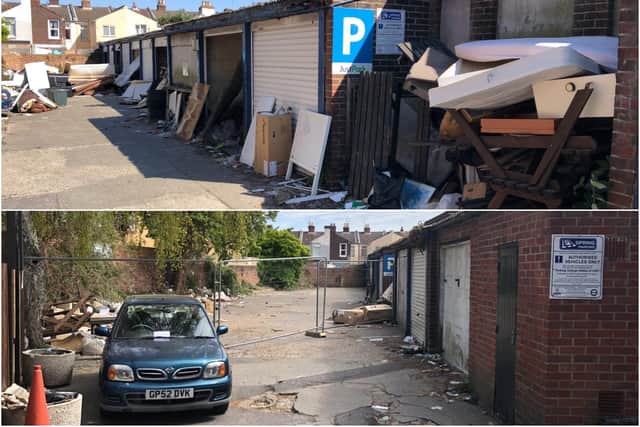 The car park had garages overflowing with rubbish on Saturday (top), but the vast majority has been cleared away by Tuesday morning (bottom). Picture: Richard Lemmer