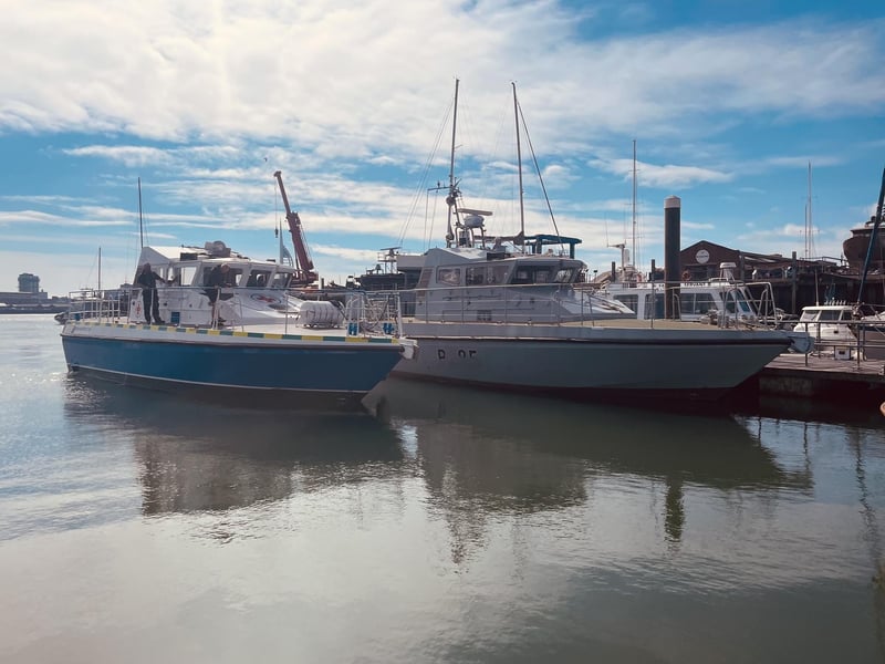 HMS Scimitar, a former Royal Navy patrol vessel, has been transformed into MV Lady Jean following a project in Gosport. She is due to sail to Tanzania and be used as a hospital boat. Pictured is HMS Scimitar alongside her sister ship, HMS Sabre.